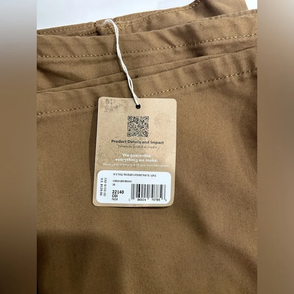 Patagonia Men's Size 36 Twill Traveler Pants - Long Coriander Brown NWT